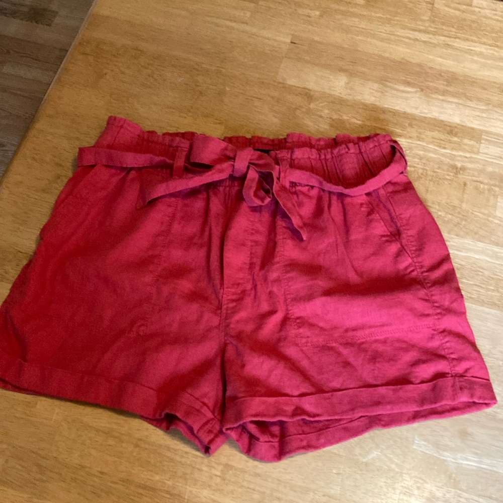 Sanctuary Khaki Red Shorts Linen Blend Sz LTie Belt High Waist Cuffed Boho